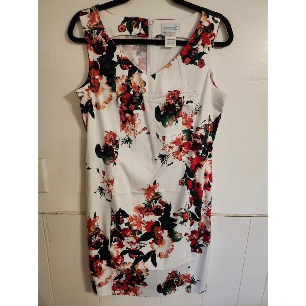 Creation L Women Floral Sheath Dress Size 6 White Pink Green Cotton Blend Summer